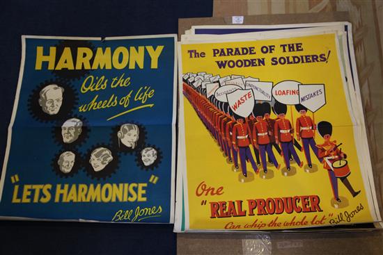 A collection of ten 1920s Bill Jones coloured lithograph motivational posters, each 28 x 22in.